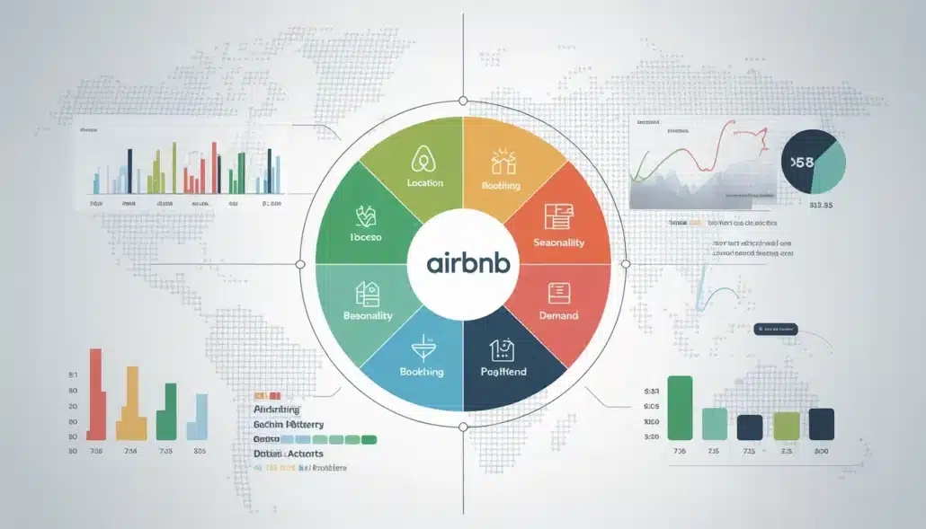 Infographic illustrating Airbnb pricing algorithm factors such as property type, location, demand trends, and holidays.