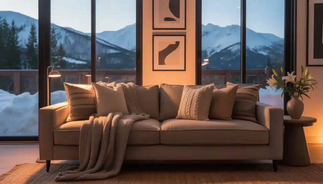 Airbnb property featuring a cozy living area with large windows overlooking nature.