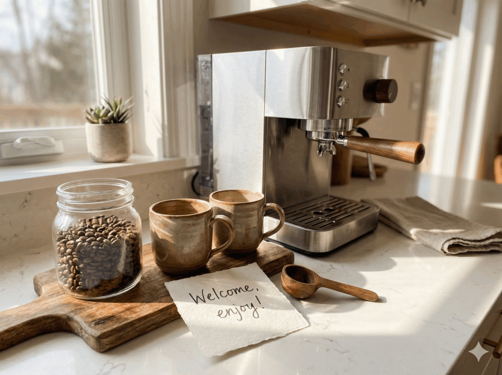 Stainless steel espresso machine and home coffee station featuring a jar of beans, ceramic mugs, and a handwritten "Welcome, enjoy" note on a wooden board.