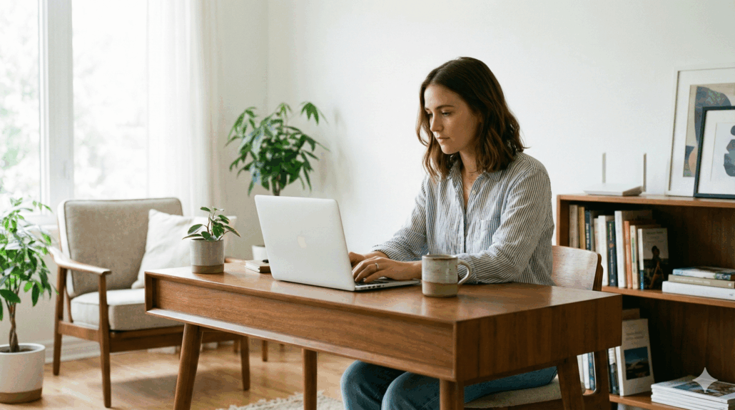 Woman working on a laptop at a wooden desk in a sunlit home office filled with indoor plants and mid-century modern furniture.