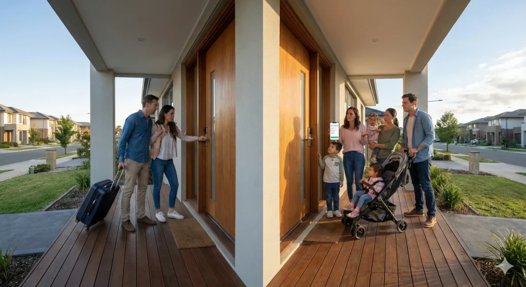 A split-screen image showing two different sets of guests arriving at the same vacation rental door simultaneously.