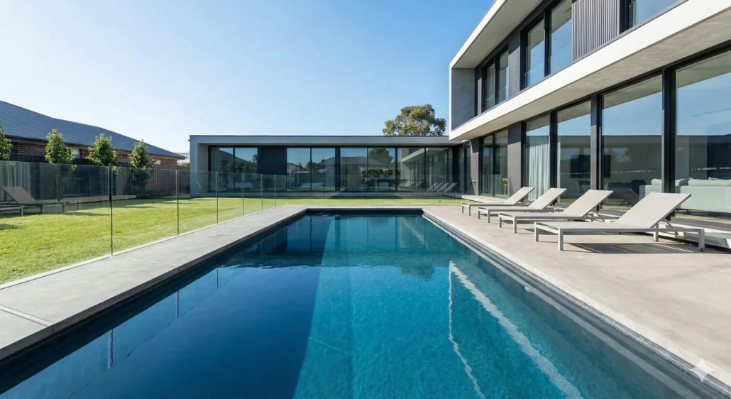A beautiful swimming pool at a vacation rental property, highlighting high-liability areas that require proper coverage.