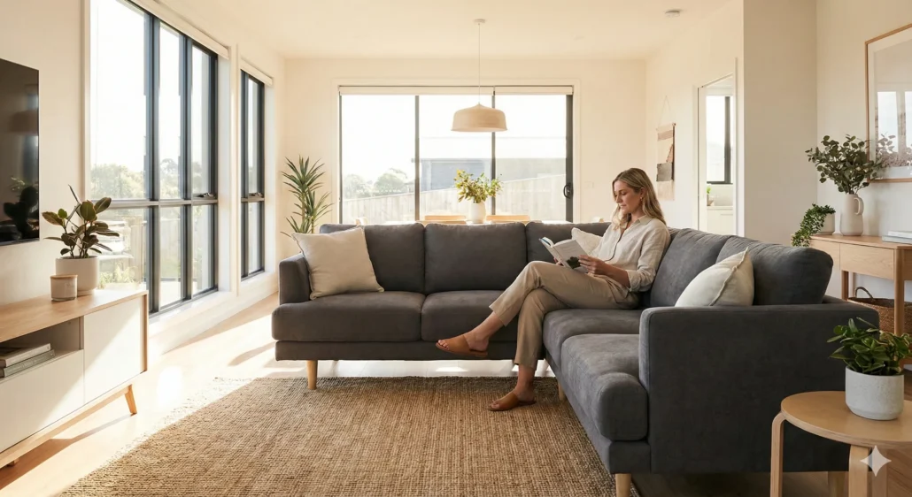 A relaxed woman sitting in a sunlit vacation rental living room reading a book, representing the peace of mind that comes with insurance.