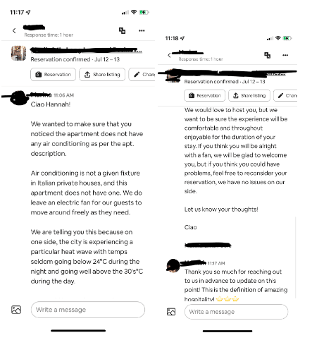 Airbnb messaging about airconditioning