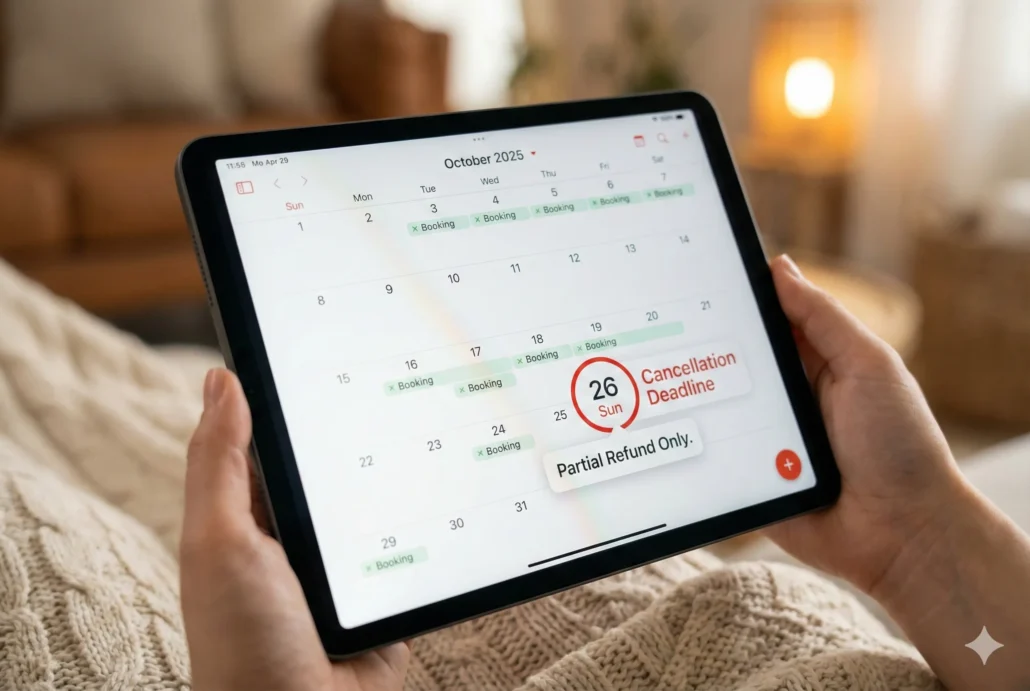 A digital calendar on a tablet highlighting the cancellation deadline and refund cutoff for an Airbnb booking.