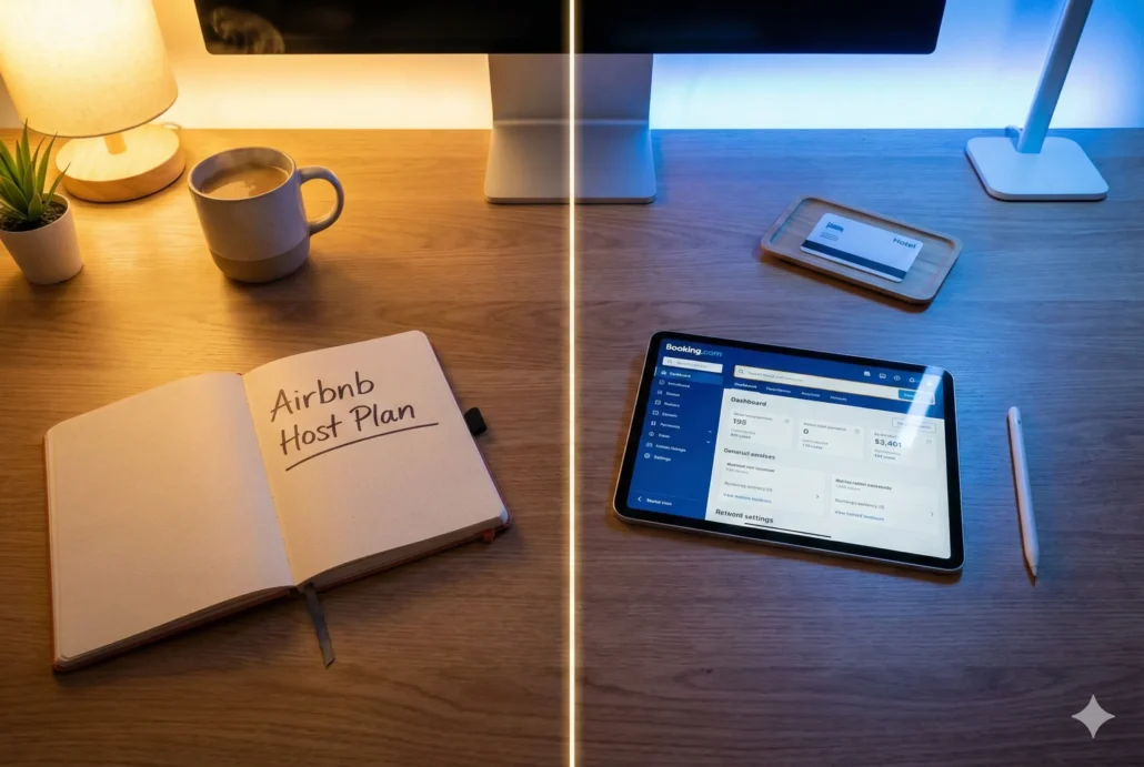 A split-screen desk setup comparing Airbnb's warm, personal vibe with Booking.com's cool, corporate aesthetic.