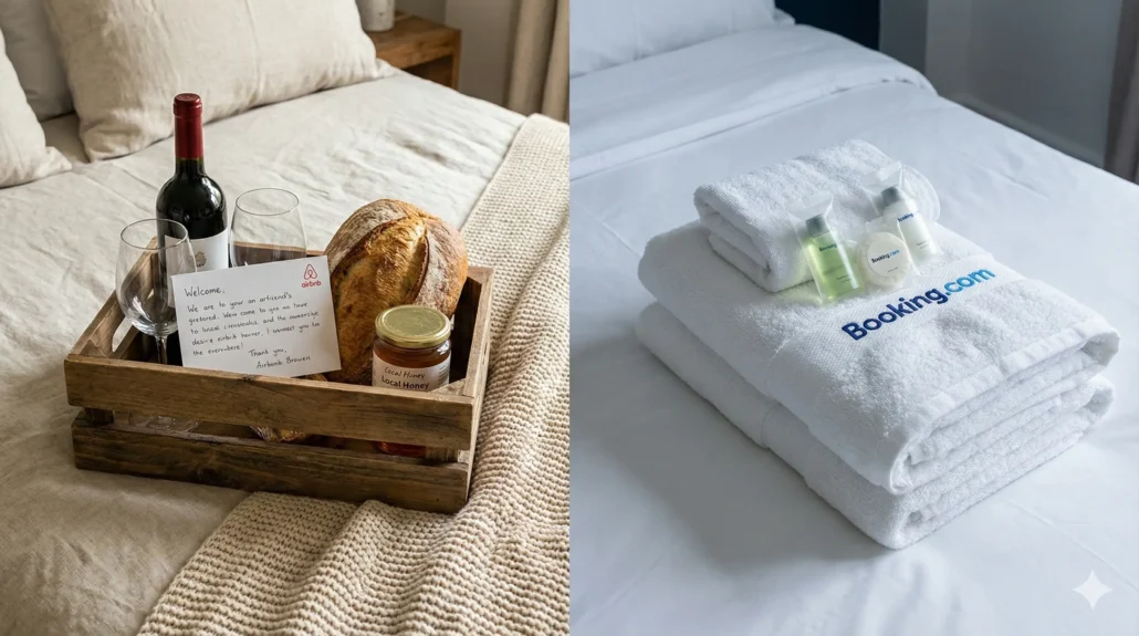 A close-up comparison of a personalized Airbnb welcome basket versus standard Booking.com hotel towels.