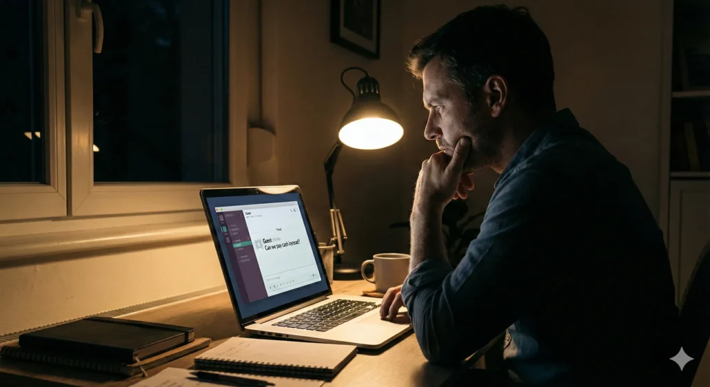 A person sitting at a desk looking skeptically at a laptop screen showing a suspicious message.