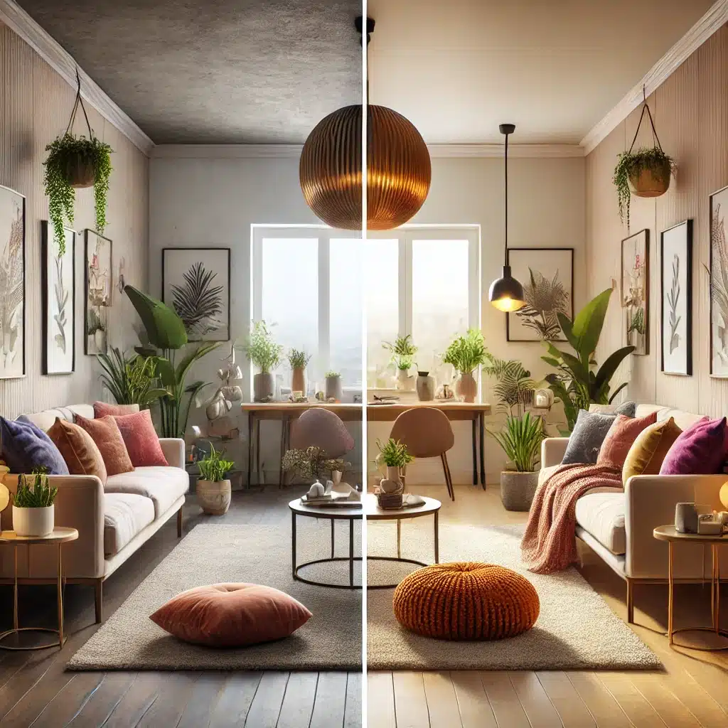 Highly realistic before-and-after collage of an Airbnb apartment transformation. The 'before' image shows a dull, empty room with outdated furniture, and the 'after' image shows a cozy, stylish space with modern decor