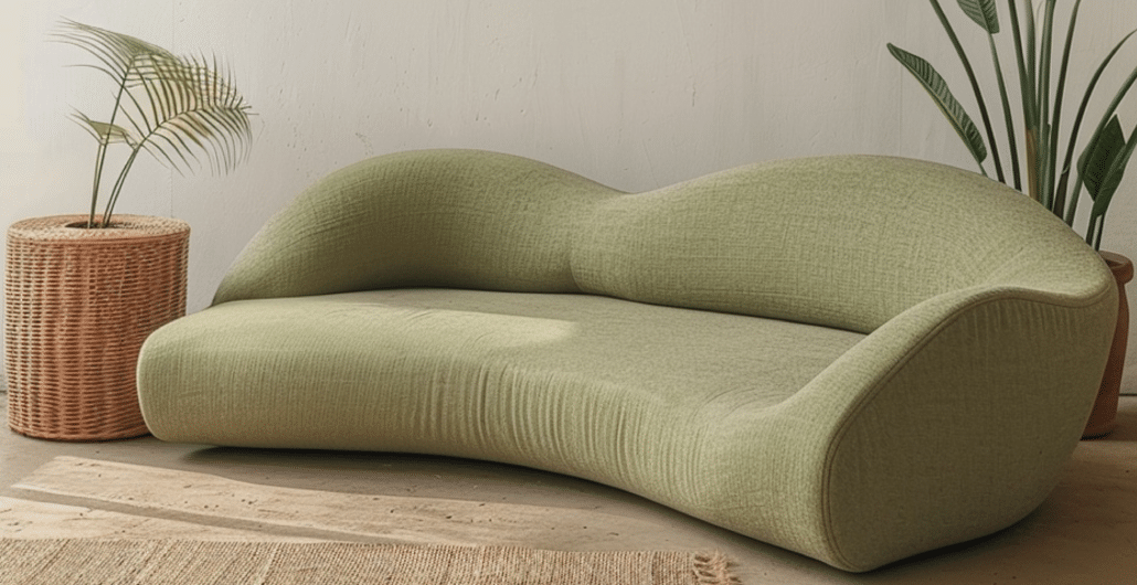 A uniquely curved green sofa in a cozy living space, complemented by a wicker plant basket and natural light.