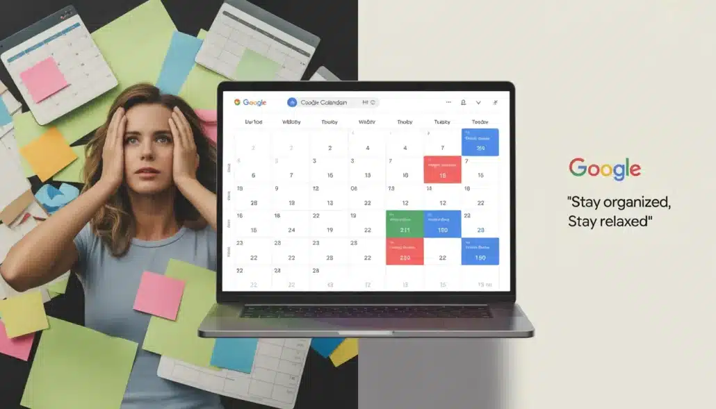 Split-screen of chaotic paper calendars vs. synced Airbnb and Google Calendar
