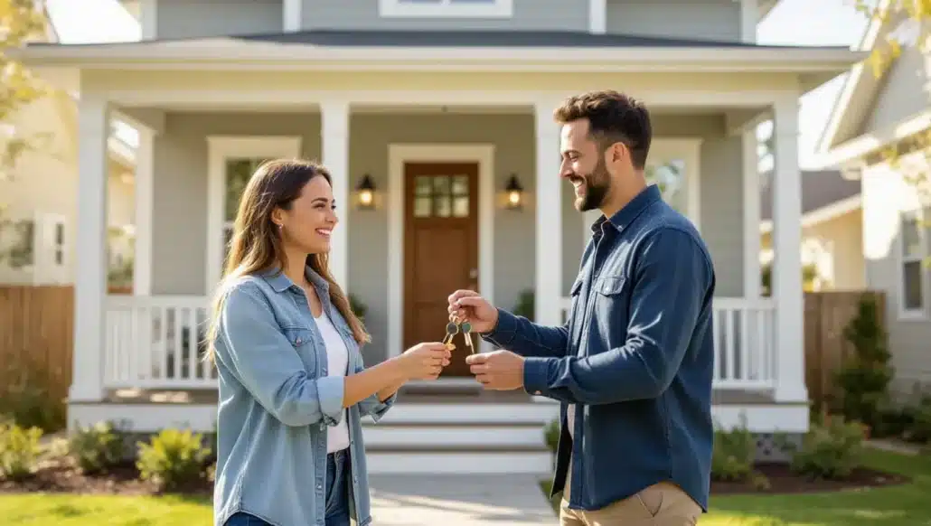 Property manager greeting guests at an Airbnb home