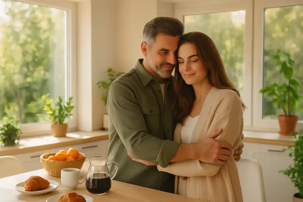 A smiling couple embraces lovingly in a sunlit kitchen with breakfast items on the table