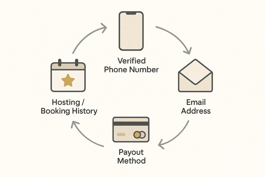 isual representation of unique Airbnb account identifiers: phone, email, payout method, and hosting history