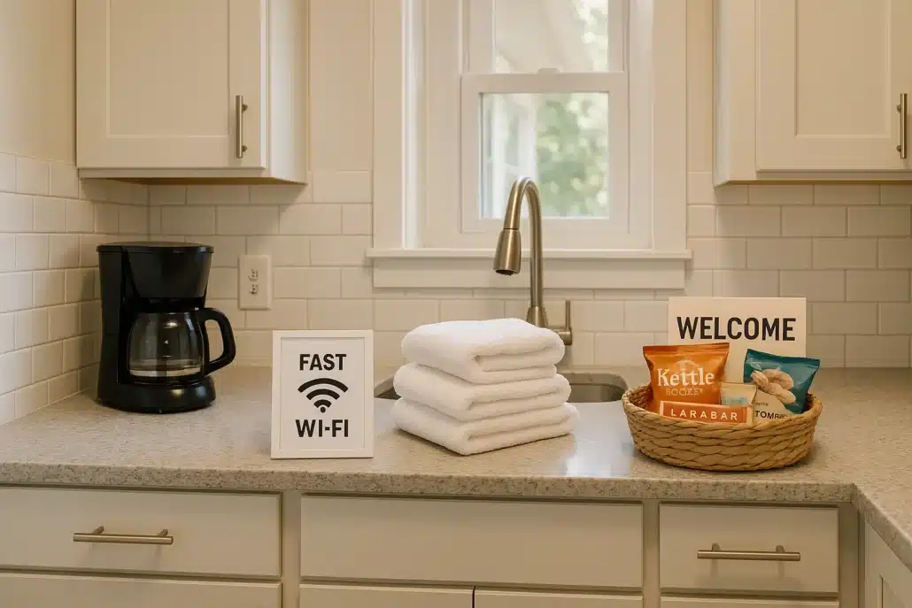 Collection of popular Airbnb amenities on a countertop