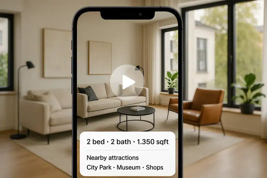 Camera or phone filming a walk-through of a bright rental