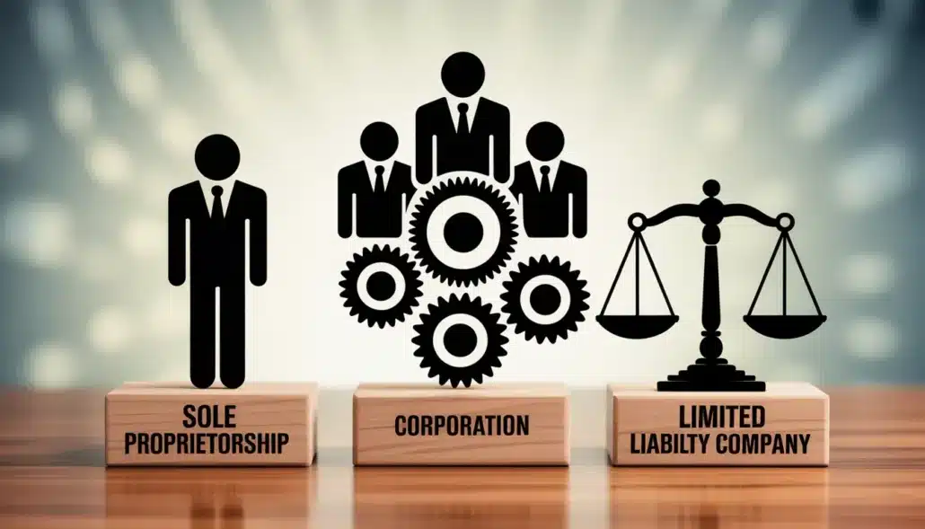Comparing different business structures: sole proprietorship, corporation, and LLC.