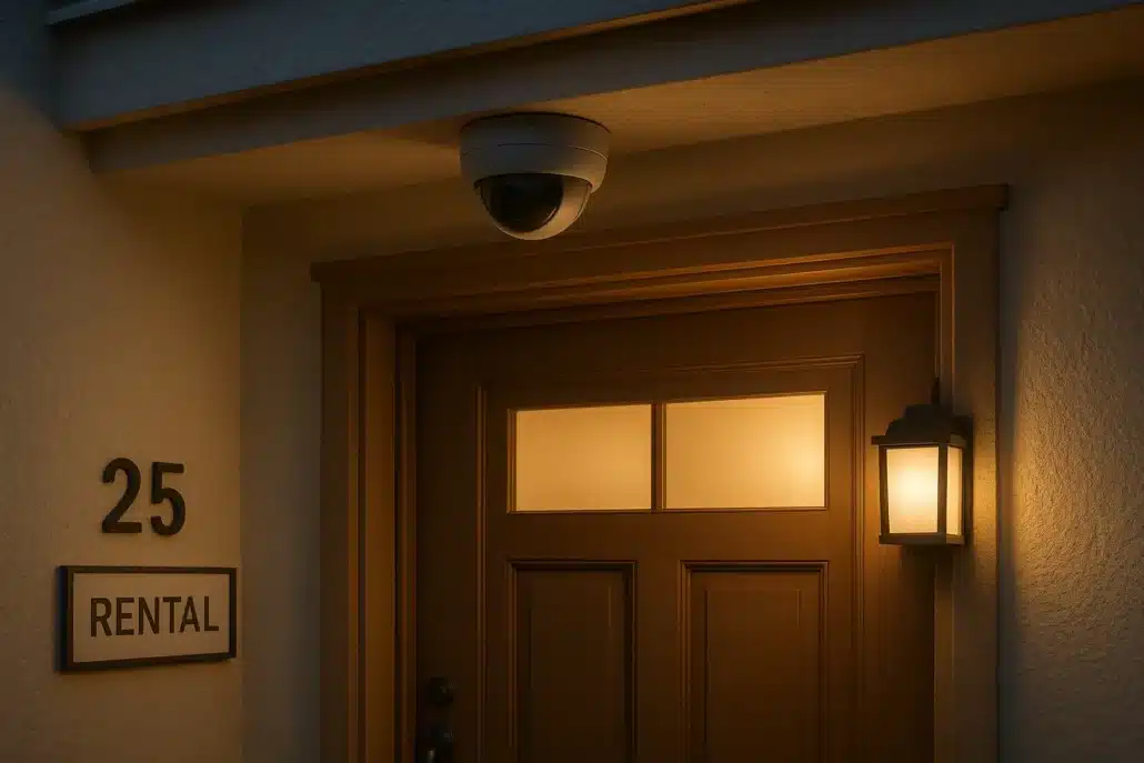 Discreet security camera above a rental property entryway focused on safety