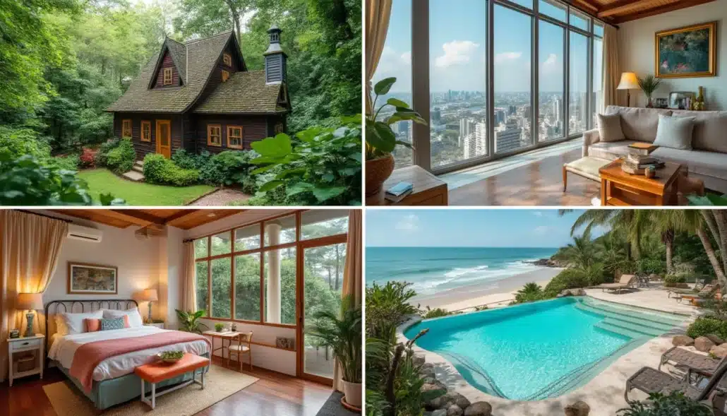 A collage of various vacation rental property types, from a cozy cottage to a sleek city apartment and a beachfront villa, illustrating Booking.com's diverse listings