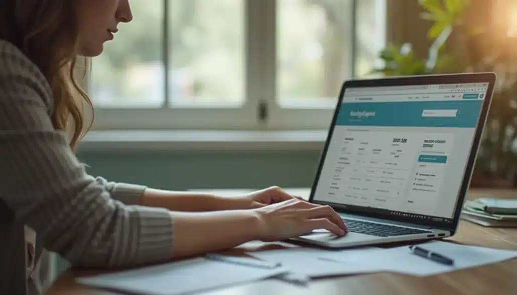 A host thoughtfully reviewing booking details on a laptop, surrounded by paperwork, symbolizing detailed financial management. 