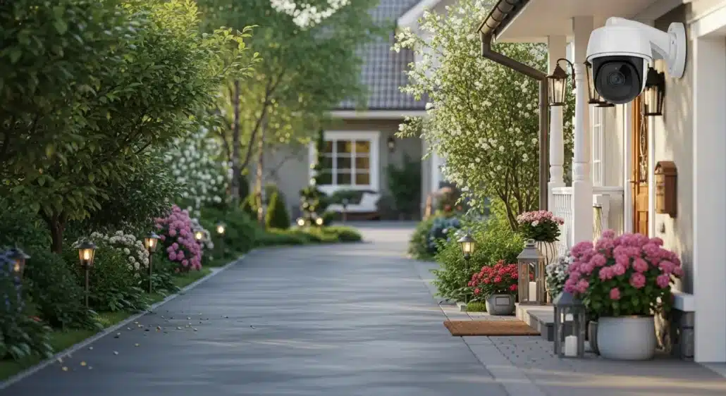 View of a driveway monitored by a visible security camera in a vacation rental