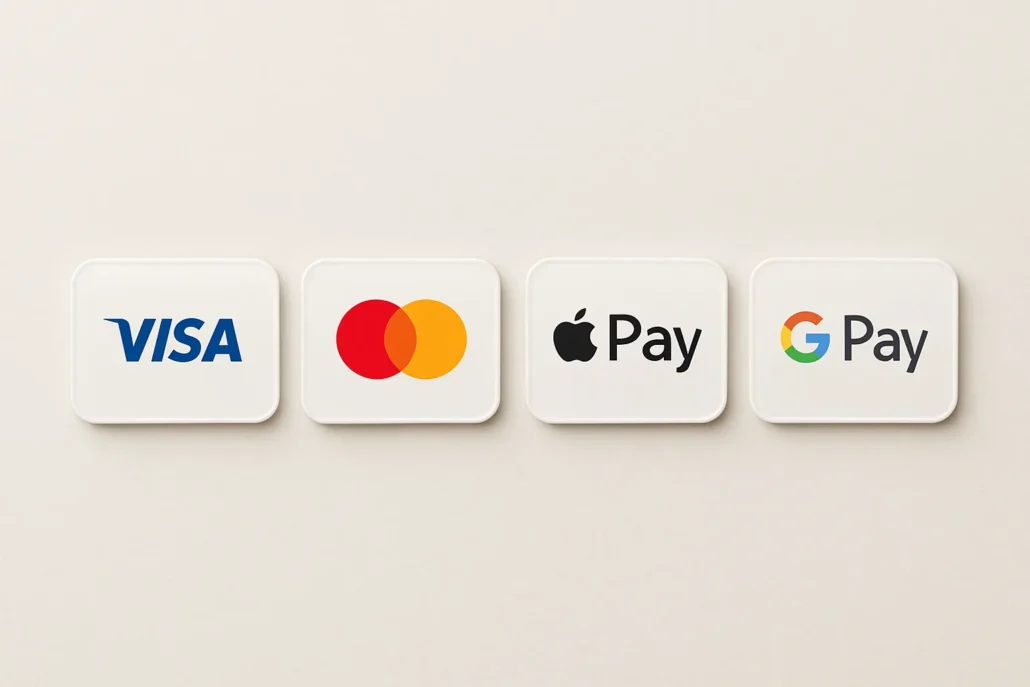 Icons representing various payment methods such as credit cards, mobile payment apps, and bank transfers, emphasizing payment flexibility.
