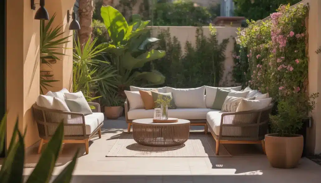 Bright outdoor patio in a private short-term rental space with garden views