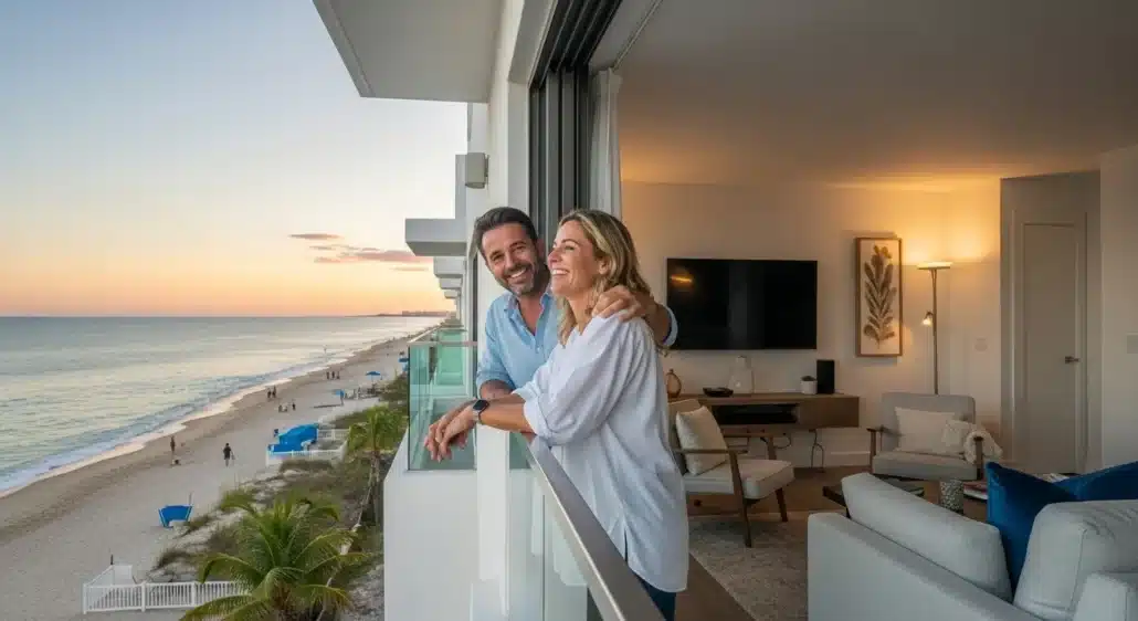 Couple enjoying sunset at beach vacation rental.