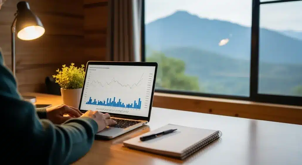 Investor planning finances in a mountain cabin.