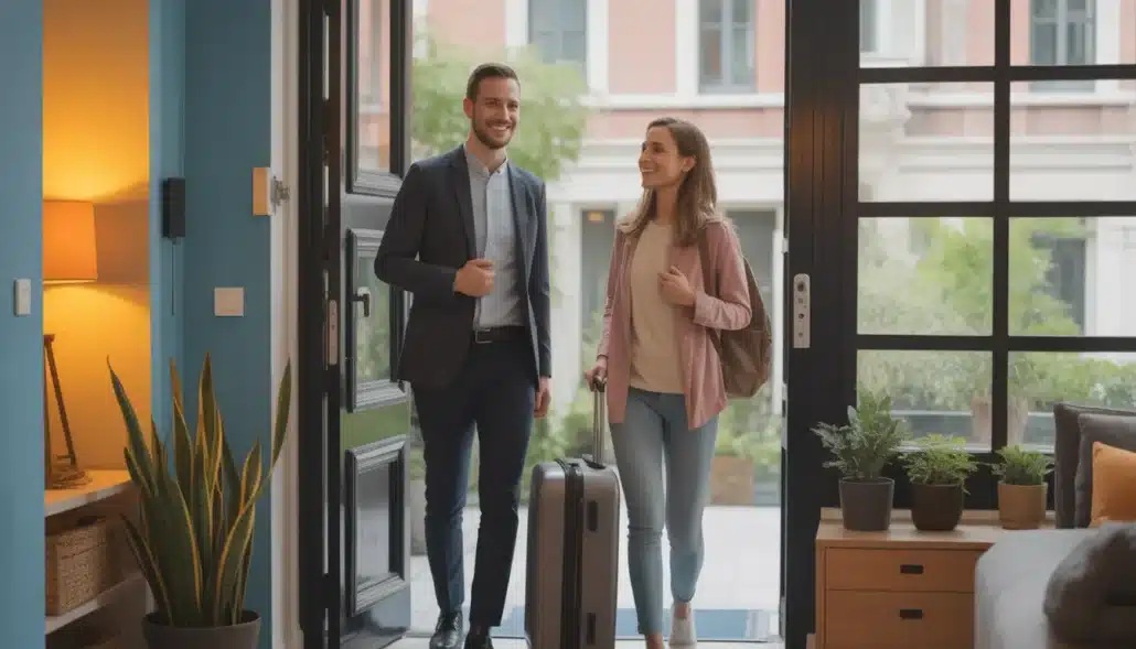 Vacation rental host welcomes guest at apartment door
