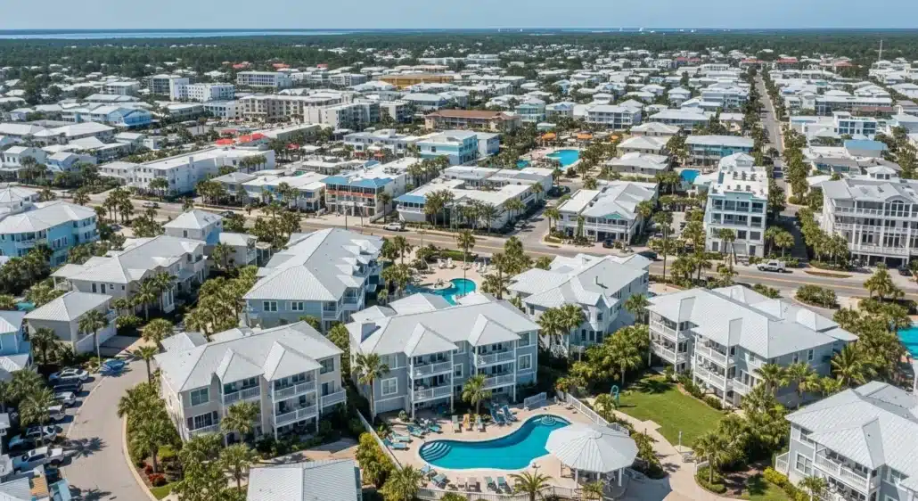Aerial view of a lively vacation town