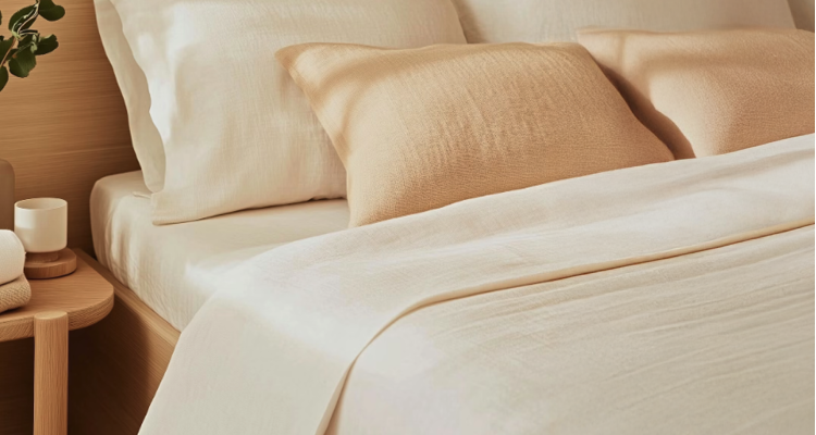 Close-up of a neatly made bed with cream linens, beige textured pillows, and a wooden side table.