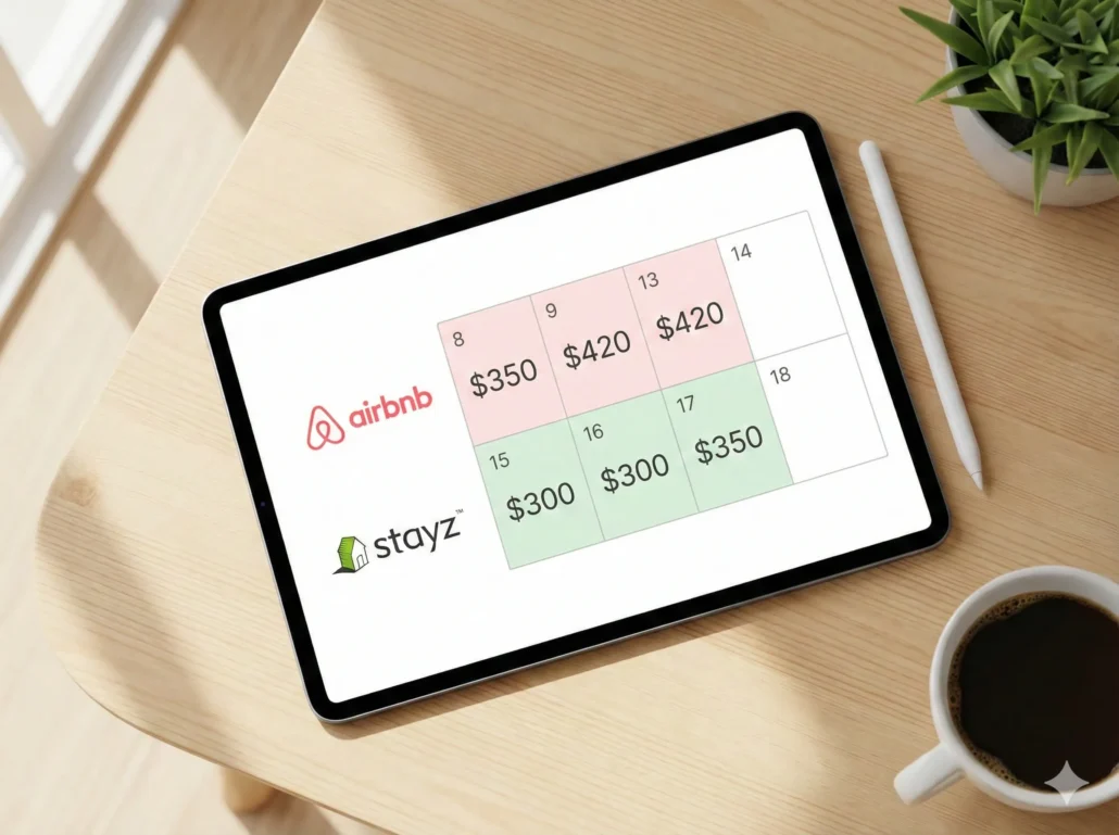 A tablet showing a multi-calendar view with different pricing strategies visible for Airbnb and Stayz channels.