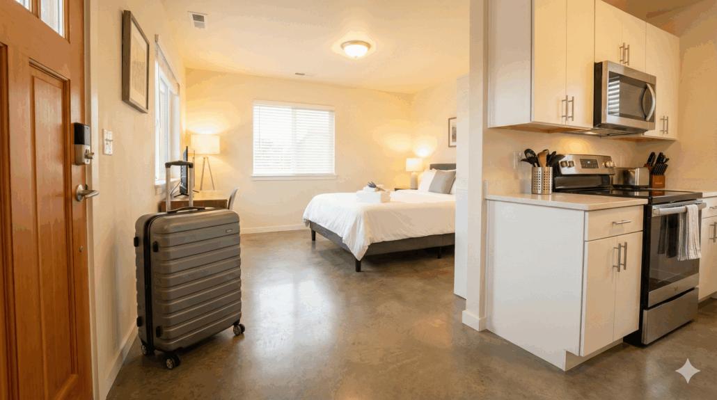 The entryway of a spotless Airbnb with luggage near the door and a perfectly prepared room waiting for guests.
