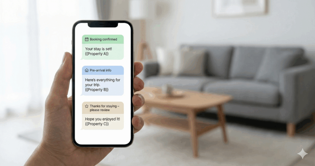 A smartphone displaying an automated guest messaging timeline.