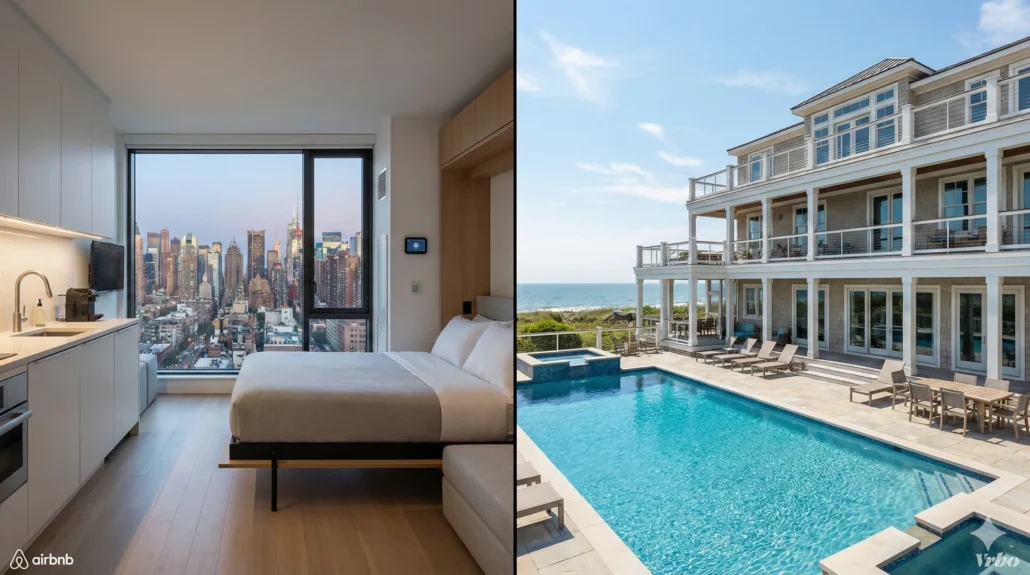 A split-screen photo comparing a modern city apartment for Airbnb against a large family vacation home for Vrbo.